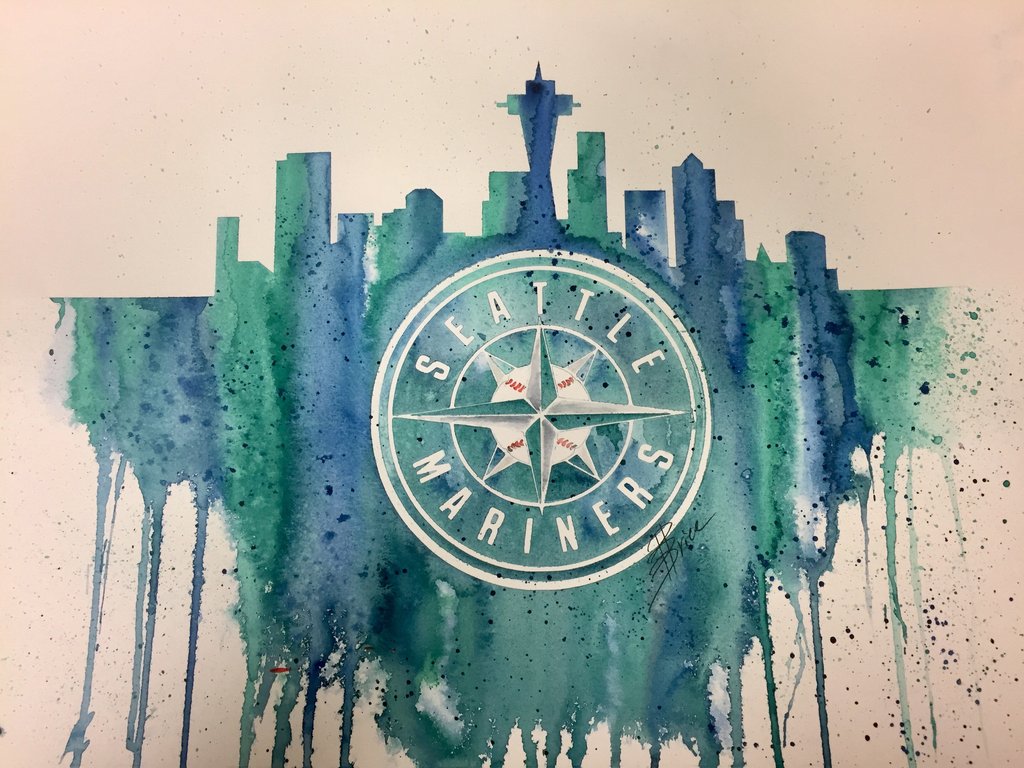 1024x768 Seattle Mariners 12x16 Pre Masked Watercolor Canvas Wet - Seattle Watercolor