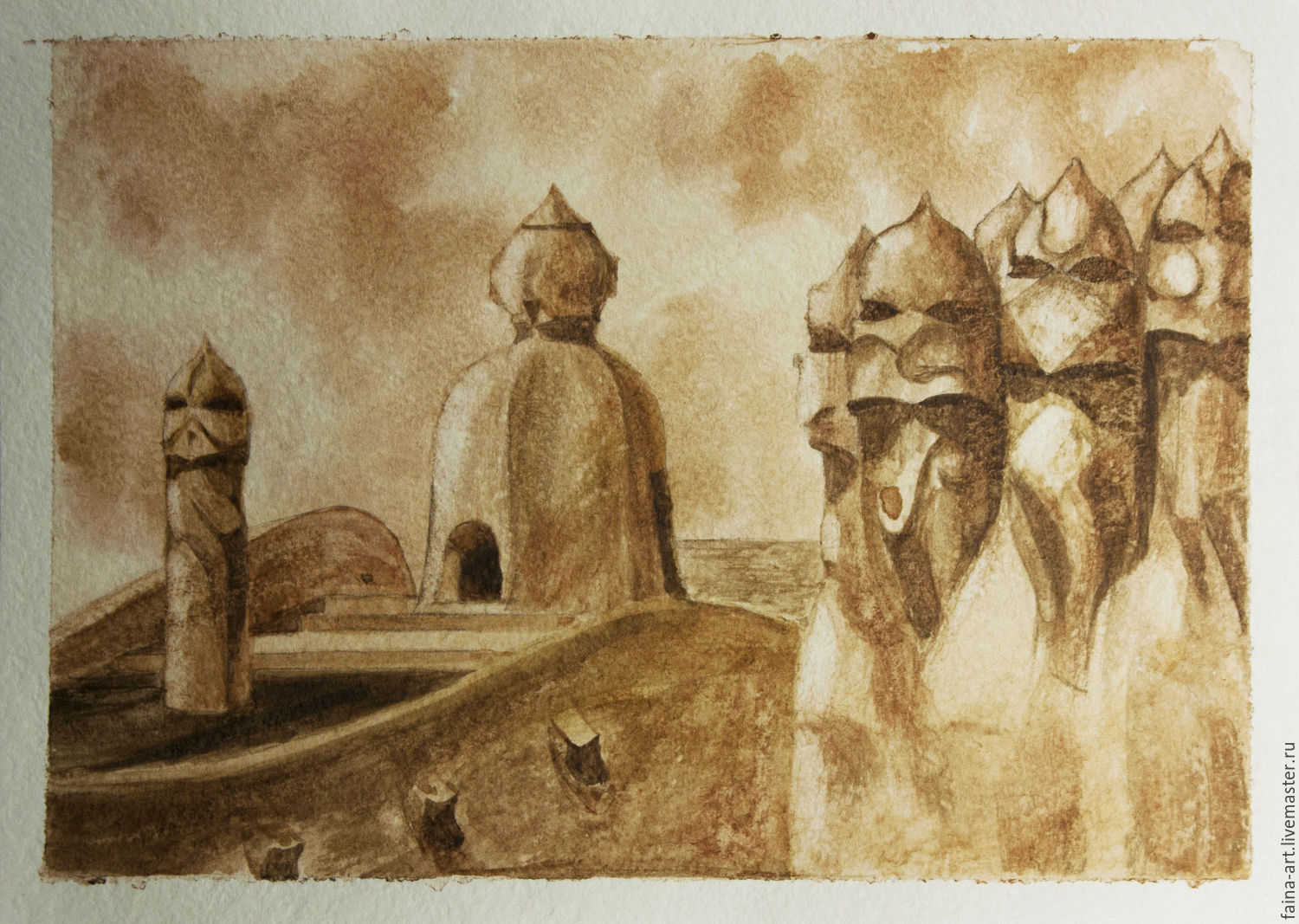 1500x1067 My Barcelona, Watercolor, Grisaille, Sepia, Gaudi, A Series Of - Sepia Watercolor