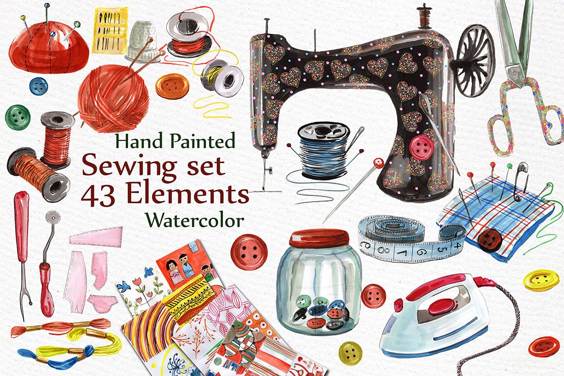 1158x772 Watercolor Sewing Set Clipart - Sewing Machine Watercolor