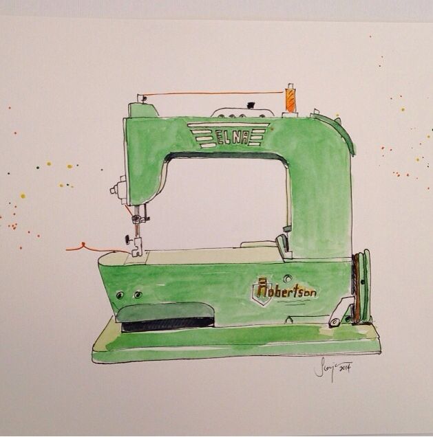 629x636 Machine Watercolor Elna Grasshopper Sewing Room Wishful Thinking - Sewing Machine Watercolor
