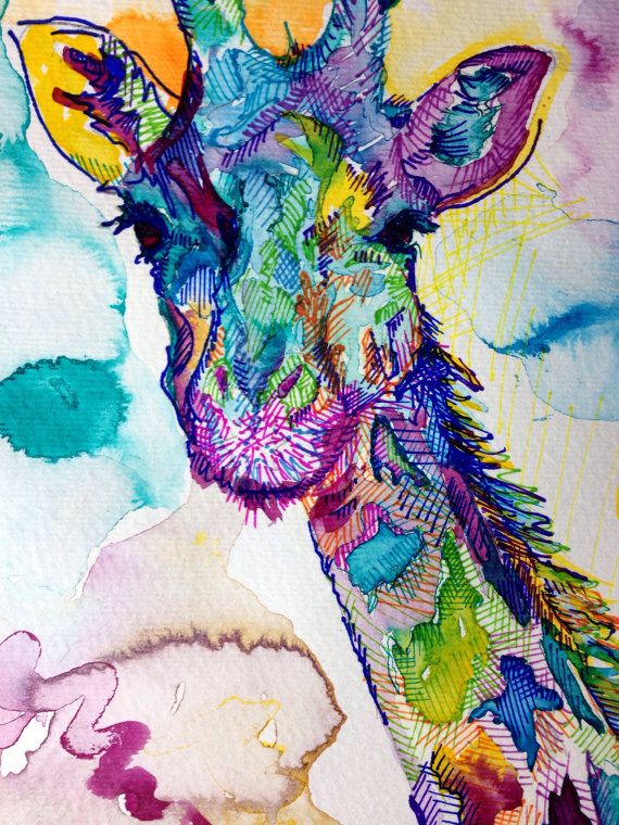 570x760 Giraffe Colorful Sharpie Pen And Watercolor Original Painting - Sharpie Watercolor