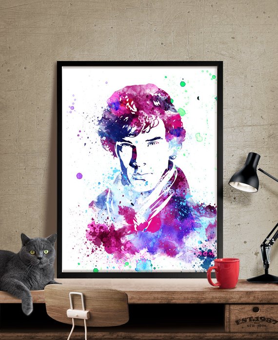 570x697 Sherlock Holmes Poster Watercolor Art Celebrity Portraits Etsy - Sherlock Holmes Watercolor