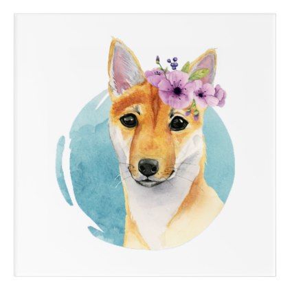 422x422 Shiba Inu With Flower Crown Watercolor Painting Acrylic Wall Art - Shiba Inu Watercolor