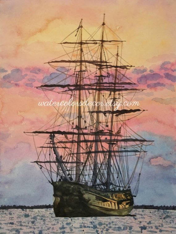 570x758 Original Sunset Clipper Ship Watercolor Painting Nautical Etsy - Ship Watercolor
