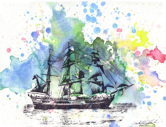 570x438 Sail Boat Ship Watercolor Painting - Ship Watercolor