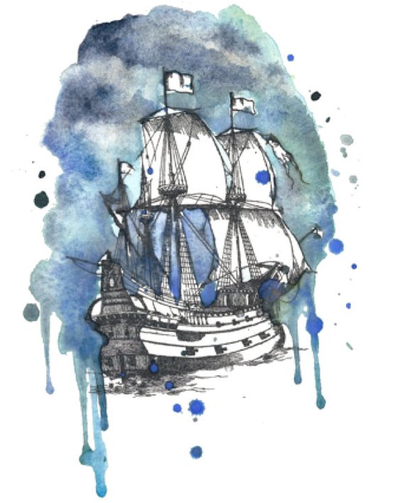 570x708 Vintage Watercolor Ship Temporary Tattoo Ghost Etsy - Ship Watercolor