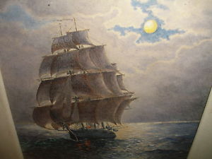 300x225 Antique Watercolor Sail Ship Boat Night Seascape Scene Painting - Ship Watercolor