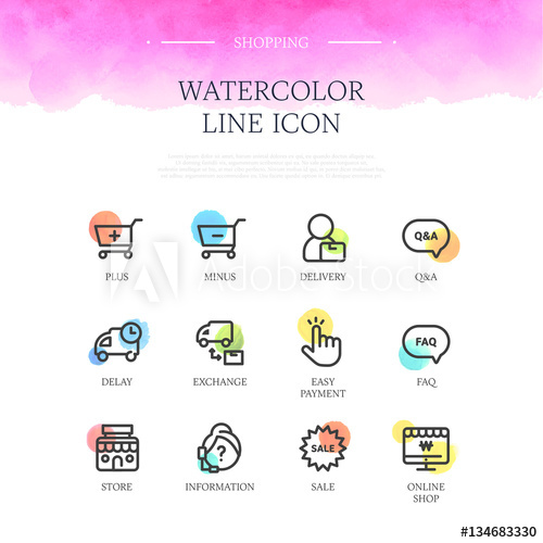 500x500 Shopping Watercolor Line Icon Set - Shopping Watercolor