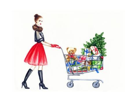 473x355 Watercolor Illustration Of Lady With Shopping Cart Prints By Anna - Shopping Watercolor