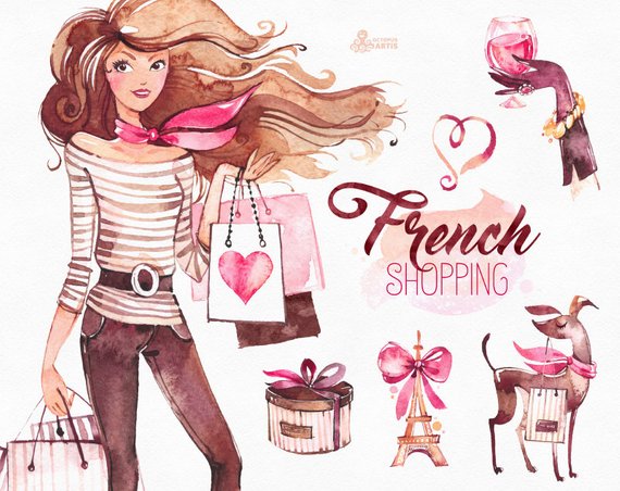 570x452 French Shopping. Watercolor Fashion Clipart Shoes Fashion Etsy - Shopping Watercolor