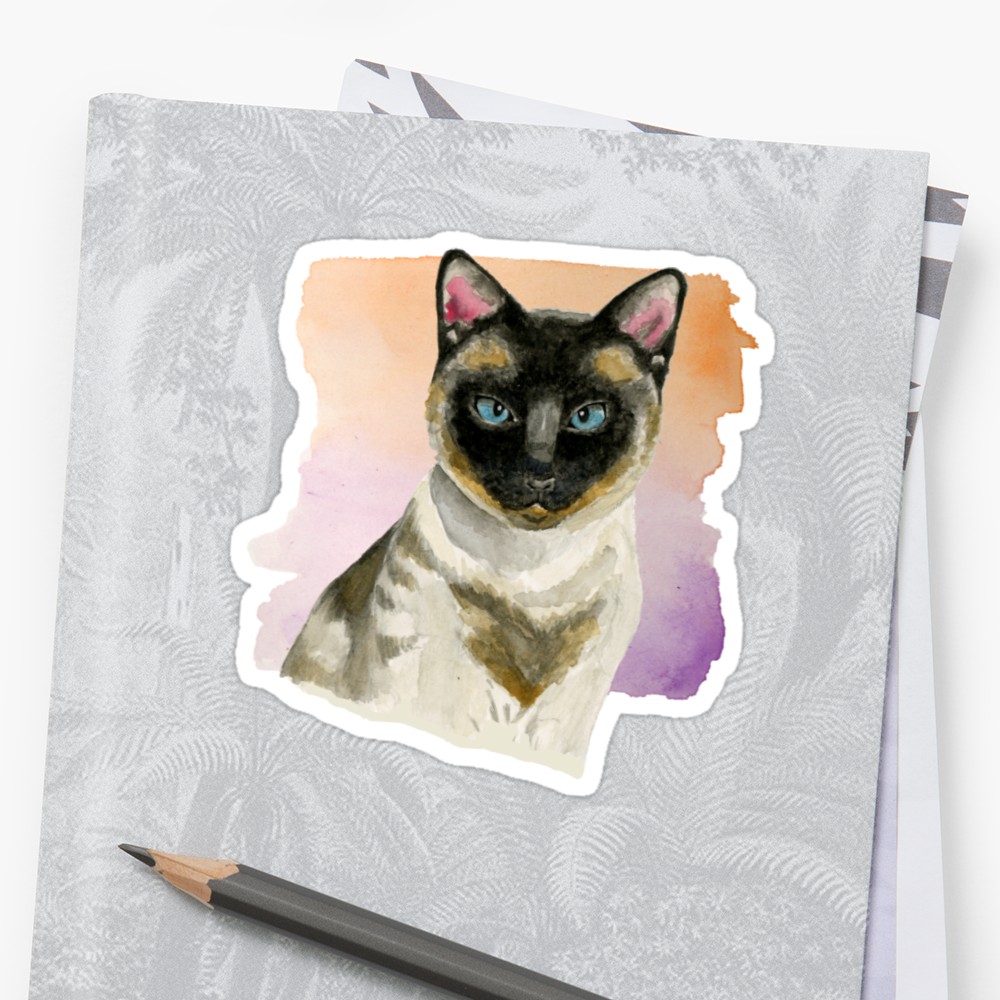 1000x1000 Siamese Cat Elegant Watercolor Painting Stickers By Namibear - Siamese Cat Watercolor