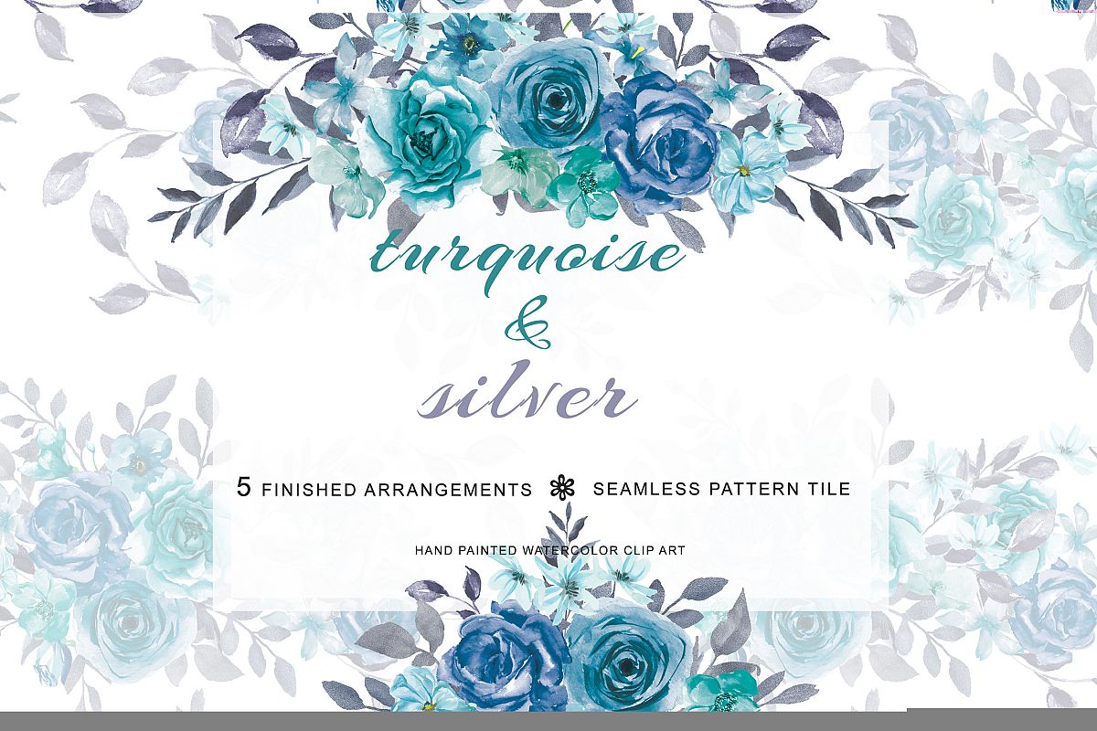 1200x800 Hand Painted Watercolor Turquoise Flowers And Silver Leaves - Silver Watercolor