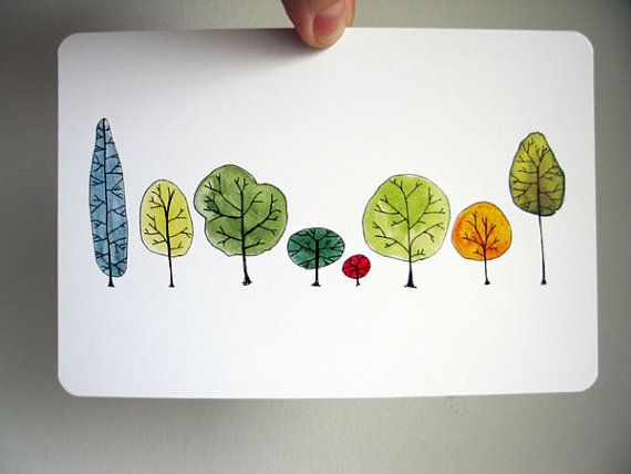 570x428 Row Trees Art Postcard - Simple Watercolor