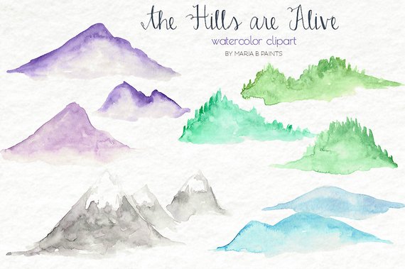 570x379 Watercolor Hills Clip Art Mountains Nature Simple Rolling Etsy - Simple Watercolor Mountains
