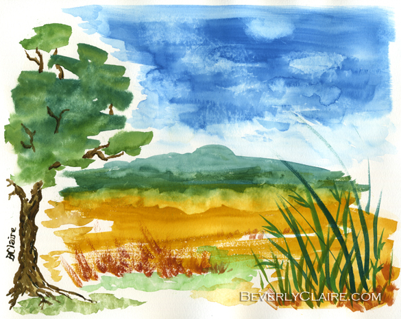 585x466 Field In Early Autumn Watercolor Painting - Simple Watercolor Paintings Of Nature
