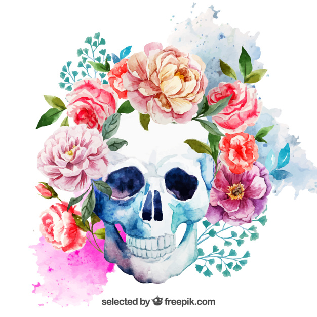 626x626 Watercolor Skull With Flowers Vector Free Download - Skeleton Watercolor