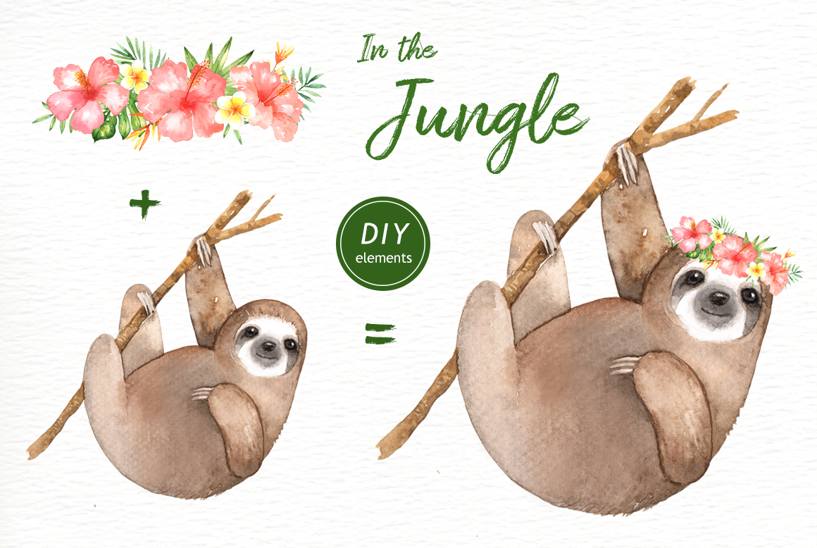 1160x778 In The Jungle Watercolor Clipart By Everysunsun - Sloth Watercolor