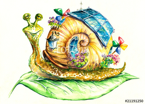 500x361 Snail In Eco House.my Own Watercolor Painting. Stock Photo And - Snail Watercolor