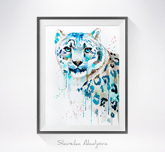 570x525 Snow Leopard Watercolor Painting Print - Snow Leopard Watercolor