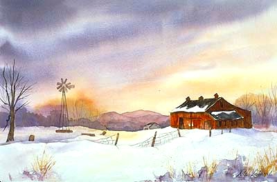400x264 Fading Light Watercolor Painting By Nita Leland - Snow Scene Watercolor Painting