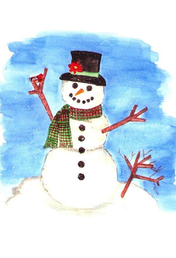 570x834 Snowman Watercolor Print Winter Snow Scene Holiday Painting Etsy - Snowman Watercolor Painting
