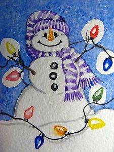 225x300 Watercolor Painting Winter Snow Snowman Christmas Lights - Snowman Watercolor Painting