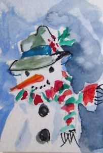 203x300 Aceo Carrot Nose Snowman Whimsical Miniature Watercolor Painting - Snowman Watercolor Painting