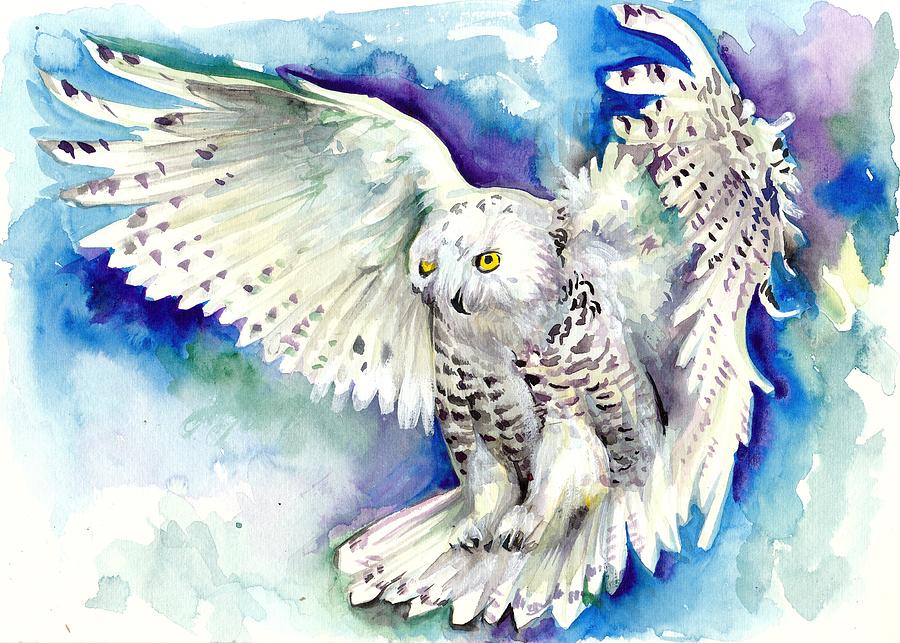 900x643 White Polar Owl - Snowy Owl Watercolor