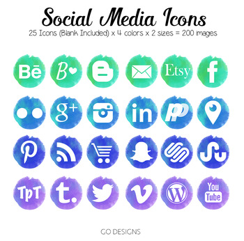 350x346 Watercolor Social Media Icons Blue, Green, Aqua, Purple 200 - Social Media Watercolor Icons