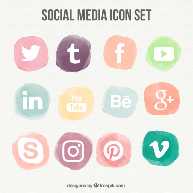 626x626 Collection Of Social Media Watercolor Icons Vector Free Download - Social Media Watercolor Icons