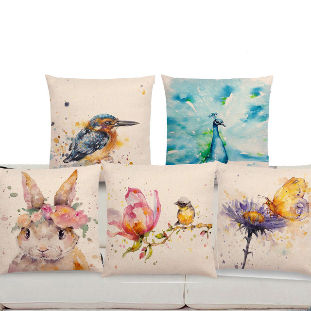 640x640 18' Square Watercolor Animals Sofa Throw Pillow Case Robin - Sofa Watercolor