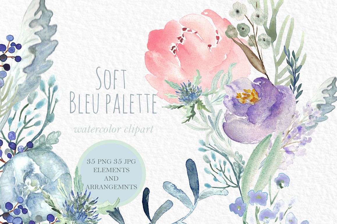 1158x772 Soft Blue Peonies Watercolor Clipart - Soft Watercolor