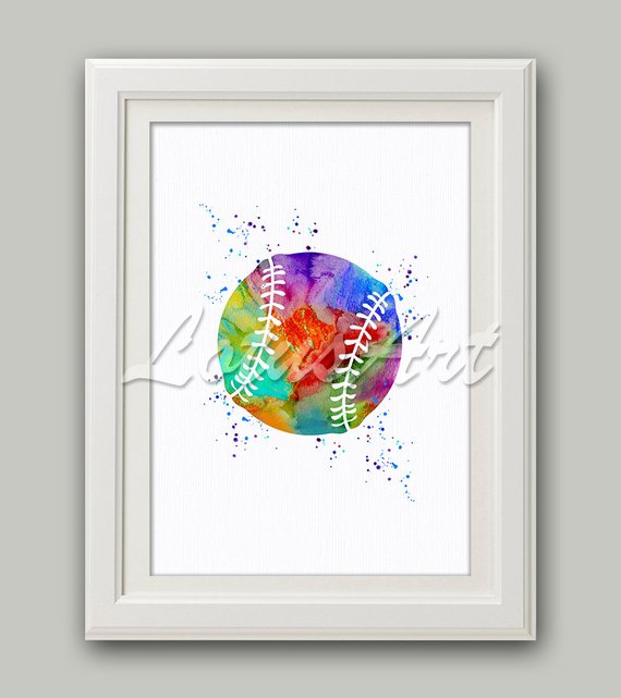 570x641 Colorful Baseball Ball 2 Watercolor Print Softball Ball Etsy - Softball Watercolor