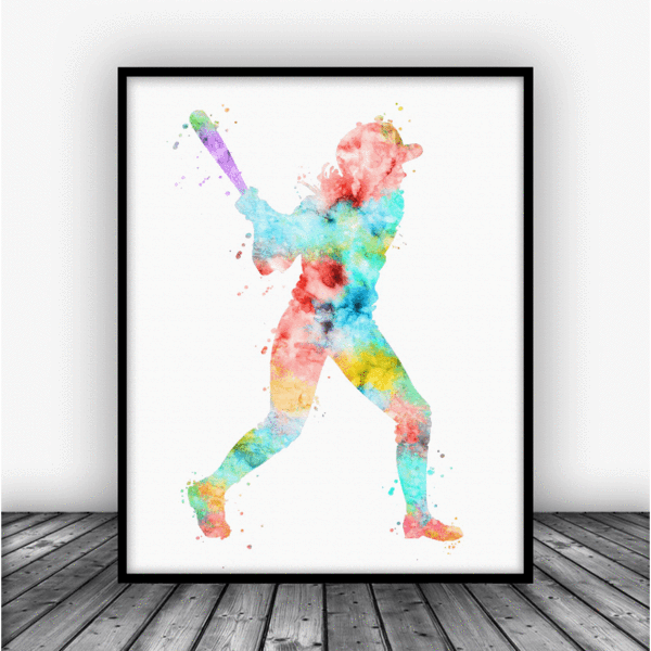 600x600 Softball Player Art Print Poster Quilts Print - Softball Watercolor