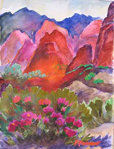 384x500 Zion Cactus April Ii Pam Furumo Southwestern Watercolor Painting - Southwest Watercolor