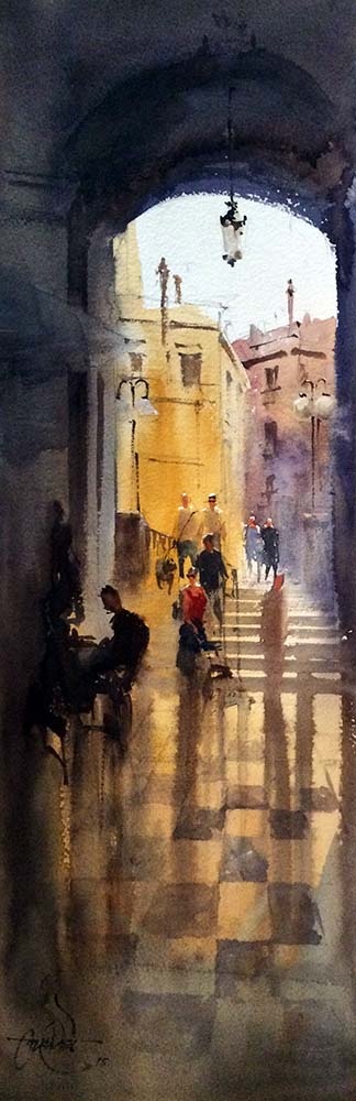 324x1000 Girona Cafe,spain By Artist Vikrant Shitole Landscape Art - Spain Watercolor