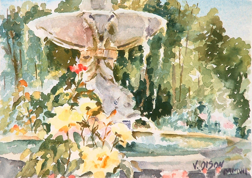 851x600 Watercolor Of Fountains In The Retiro Rose Garden In Madrid, Spain - Spain Watercolor