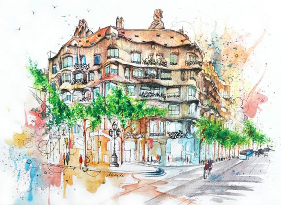 570x415 Casa Mila La Pedrera Barcelona Spain Watercolor Painting Etsy - Spain Watercolor