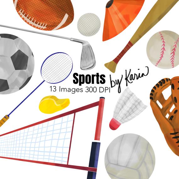 570x570 Sports Watercolor Clipart Illustration Bundle Baseball Etsy - Sports Watercolor