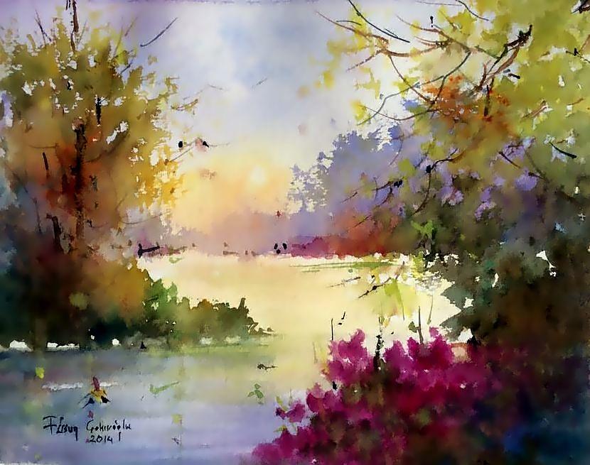 830x655 Original Watercolor Spring Lake Trees Painting By Fusun Cakiroglu - Spring Watercolor