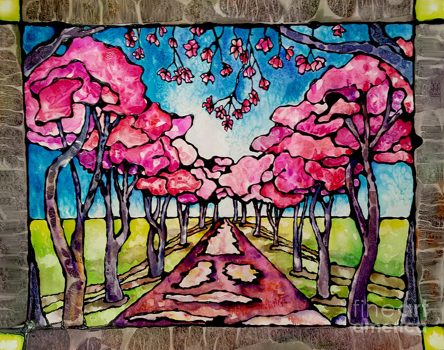 900x709 Stained Glass Watercolor Spring Cherry Trees Painting By Caitlin - Stained Glass Watercolor