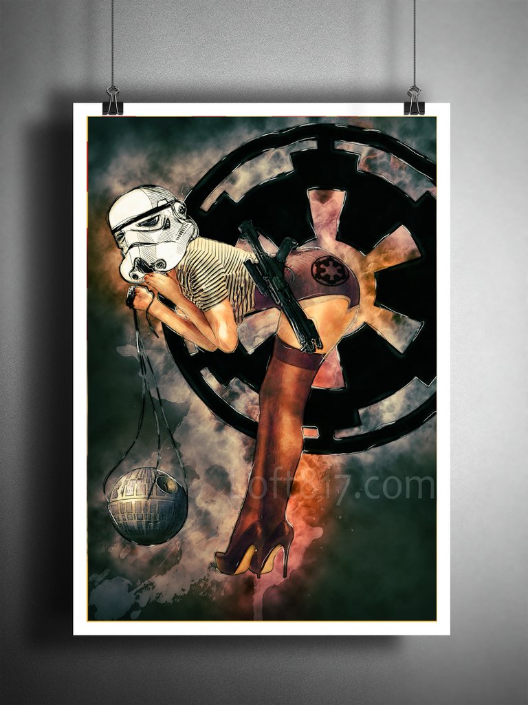 768x1024 Star Wars Pinup Girl, Pinup Girl Storm Trooper With Death Star - Star Wars Watercolor Art