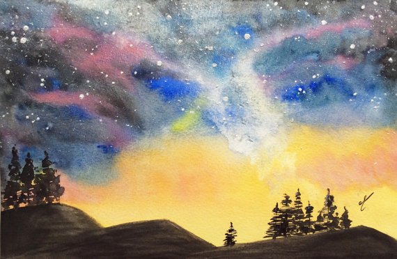 570x372 Starry Night Watercolor Original Watercolour Milky Way Etsy - Starry Night Watercolor