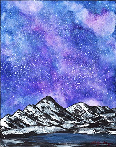 393x500 Purple Galaxy Ice Mountain Mixed Media Painting Poster - Starry Night Watercolor