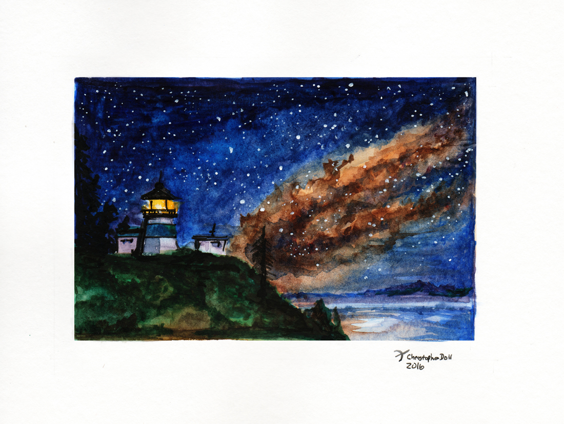 1100x827 Cape Disappointment With Starry Sky Original Watercolor Space - Starry Sky Watercolor