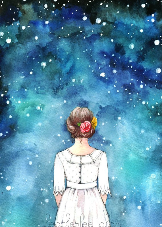 570x795 Starry Night Sky And Girl Watercolor Art Painting Print Etsy - Starry Sky Watercolor