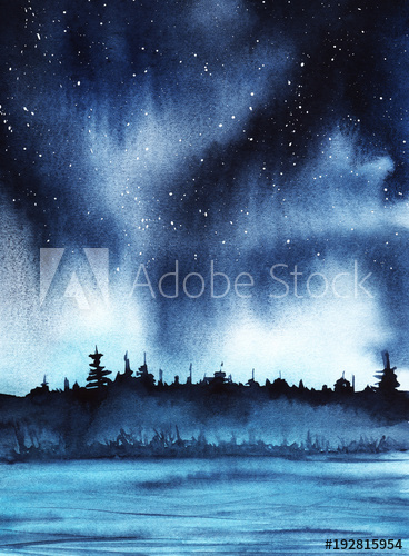 368x500 Starry Night Over A Forest Lake. Deep Dark Sky With Stars - Starry Sky Watercolor