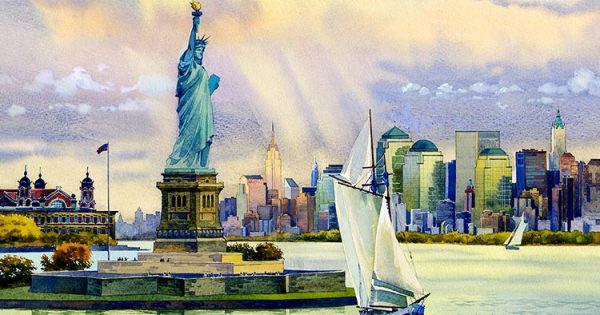 600x315 Statue Of Liberty New York Art - Statue Of Liberty Watercolor