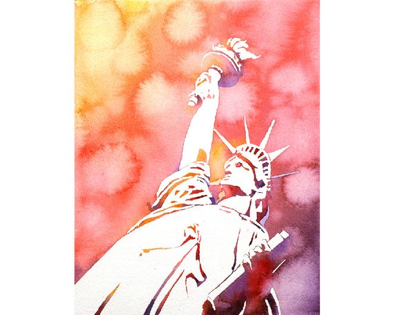 570x456 Watercolor Painting Of Statue Of Liberty Silhouetted - Statue Of Liberty Watercolor