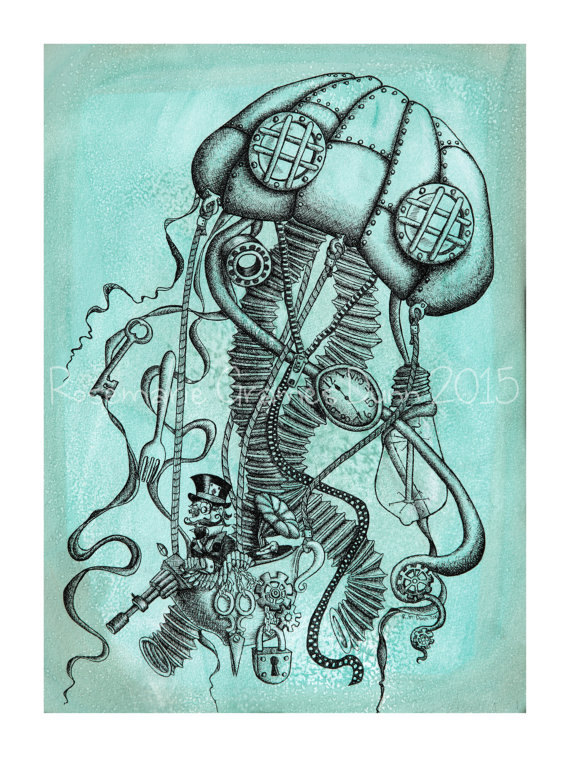 570x757 Steampunk Art Watercolor Jellyfish Industrial Blue Illustration - Steampunk Watercolor